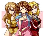  80s angel_omachi blonde_hair breast_hold breasts brown_hair cleavage crossover earrings g_gundam ginga_senpuu_braiger gundam hairband hand_on_hip j9_series jewelry large_breasts long_hair machiko_valencia multiple_girls oldschool one_eye_closed purple_eyes rain_mikamura remy_shimada sengoku_majin_goshogun shirakawa_(whitemist) super_robot_wars super_robot_wars_neo uniform 