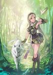  animal aoin bad_id bad_pixiv_id bird blonde_hair boots copyright_request fingerless_gloves forest gloves green_eyes hairband nature solo talisman tattoo wolf 