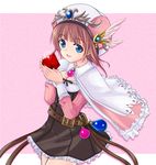  atelier_(series) atelier_rorona blue_eyes brown_dress brown_hair dress feathers gem hat kurenasm pink_background rororina_fryxell 