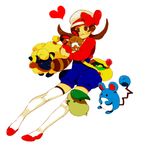  :3 bad_id bad_pixiv_id brown_eyes brown_hair chikorita flats gen_2_pokemon goruti hat hat_ribbon heart hug kotone_(pokemon) mareep marill natu nuzzle overalls pokemon pokemon_(creature) pokemon_(game) pokemon_hgss red_ribbon ribbon sentret short_twintails thighhighs twintails white_legwear 