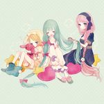  3girls animal_ears aqua_eyes aqua_hair blonde_hair blue_eyes boots braid bunny_ears dress hatsune_miku heart kagamine_rin long_hair megurine_luka multiple_girls pechika pillow pink_hair short_hair sitting smile star stuffed_animal stuffed_toy twintails very_long_hair vocaloid 