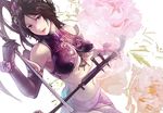  aoin blue_eyes breasts brown_hair diao_chan elbow_gloves erhu gloves hair_ornament instrument large_breasts midriff navel shin_sangoku_musou solo underboob 