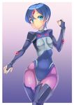  aqua_eyes blue_background blue_hair breasts bridal_gauntlets gradient gradient_background kazo leotard pink_background purple_legwear ryss short_hair small_breasts solo thighhighs wide_hips zoids zoids_chaotic_century 