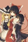  apron ascot asymmetrical_wings black_dress black_hair black_legwear blonde_hair detached_sleeves dress hair_ornament hair_ribbon hair_tubes hakurei_reimu hat hat_ribbon hisona_(suaritesumi) houjuu_nue japanese_clothes juliet_sleeves kirisame_marisa long_hair long_sleeves looking_at_another miko multiple_girls open_mouth profile puffy_sleeves red_eyes ribbon sarashi shirt short_sleeves simple_background skirt skirt_set smile thighhighs touhou turtleneck vest waist_apron wide_sleeves wings witch_hat wrist_cuffs yellow_eyes zettai_ryouiki 