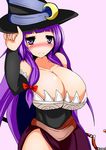  annoyed bad_hands bare_shoulders blush breasts cleavage cosplay detached_sleeves dragon's_crown dress frown hat hat_tip huge_breasts long_hair looking_at_viewer patchouli_knowledge pink_background purple_eyes purple_hair sash solo sorceress_(dragon's_crown) sorceress_(dragon's_crown)_(cosplay) staff strapless strapless_dress sweatdrop taku_(yakumodaisuki) touhou very_long_hair witch_hat 