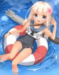  black_school_swimsuit blue_eyes crop_top flower hair_flower hair_ornament highres jimmy kantai_collection lifebuoy long_hair old_school_swimsuit one-piece_swimsuit ro-500_(kantai_collection) school_swimsuit smile swimsuit swimsuit_under_clothes tan tanline torpedo waving 