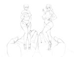  2girls bra breasts garter_belt hands high_heels large_breasts lingerie lm_(legoman) long_hair monochrome multiple_girls nami nami_(one_piece) nipples one_piece panties rebecca_(one_piece) smile thighhighs uncensored underwear 