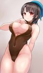  black_hair blush breasts cleavage front_zipper_swimsuit hat highres kantai_collection large_breasts meme_attire okitsugu one-piece_swimsuit red_eyes short_hair solo swimsuit takao_(kantai_collection) 