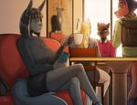  anthro anubian_jackal big_breasts black_hair black_nose book breasts canine coffee coffee_shop dress ear_piercing egyptian female fluffy_tail green_eyes hair jackal kadath looking_at_viewer male male/female mammal nightshade_(kadath) piercing short_hair sitting table 