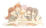  black_hair brown_eyes brown_hair fang food glass green_hair grin kantai_collection kiso_(kantai_collection) kitakami_(kantai_collection) kuma_(kantai_collection) long_hair multiple_girls ooi_(kantai_collection) pizza purple_eyes purple_hair salad sandwich smile tama_(kantai_collection) ume_(plumblossom) uniform wince 