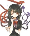  asymmetrical_wings bad_hands black_dress black_hair bow closed_eyes dress flying_sweatdrops hisona_(suaritesumi) houjuu_nue short_sleeves smile solo touhou upper_body wings 