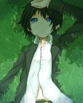  belt black_hair blue_eyes dress_shirt grass kino kino_no_tabi lying navel open_jacket owerk shade shirt short_hair solo suit 