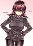  3: black_legwear blush breasts brown_hair glasses hands_on_hips large_breasts no_pants pantyhose pink_eyes ribbed_sweater solo standing sweater tokita_monta turtleneck 