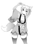  :o animal_ears breasts cleavage collarbone dog_days flower fox_ears fox_tail greyscale hair_flower hair_ornament hair_ribbon japanese_clothes large_breasts long_sleeves monochrome ponytail ribbon simple_background skindentation soba_(saz) solo tail thighhighs white_background wide_sleeves yukikaze_panettone 