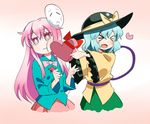  &gt;_&lt; bow bowtie box closed_eyes expressionless gradient gradient_background green_hair hat hata_no_kokoro heart heart-shaped_box komeiji_koishi long_hair looking_away looking_to_the_side mask multiple_girls nobori_ranzu open_mouth pink_eyes pink_hair short_hair star touhou valentine 