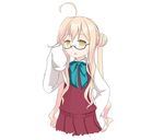  1girl adjusting_glasses ahoge bow double_bun glasses hair_buns hand_on_hip kantai_collection long_hair makigumo_(kantai_collection) open_mouth oversized_clothes pink_hair school_uniform simple_background sleeves_past_wrists solo twintails white_background yellow_eyes 