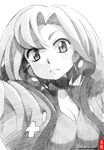  cleavage_cutout coat collarbone dress earrings frown fur_coat gofu greyscale jewelry junketsu_no_maria looking_at_viewer maria_(junketsu_no_maria) monochrome short_hair solo spot_color traditional_media watermark web_address 