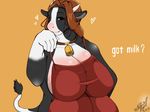  &lt;3 anthro apron big_breasts blackdog624 blush bovine breasts brown_eyes brown_hair cattle cleavage clothed clothing collar cowbell fan_character female fur hair horn huge_breasts long_hair looking_at_viewer mammal smile solo standing text 