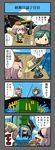  3girls 4koma 61cm_triple_torpedo_mount ahoge bow chopsticks closed_mouth comic commentary_request eating fairy_(kantai_collection) fishing fishing_rod food food_in_mouth green_hair hair_bow hat highres kantai_collection long_hair long_sleeves multiple_girls noodles school_uniform serafuku shinkaisei-kan short_hair teitei tenzan_(kantai_collection) translated wo-class_aircraft_carrier 