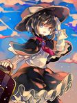  bag black_capelet black_hair blue_eyes bow capelet cha_goma gloves hat hat_bow highres open_mouth sash solo touhou usami_renko 