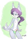  2015 anthro blue_eyes blush canine clothed clothing dog ear_tuft erection eyelashes fox fur girly green_eyes grey_fur hair half-dressed humanoid_penis husky hybrid long_hair looking_away male mammal multicolored_eyes nipples panties penis poking_out ponytail purple_hair smile solo sparkydb sparkydb_(character) topless tuft uncut underwear white_belly white_fur wide_hips 
