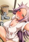  ayuayu_(shouyu_no_sato) beer_can blush breasts can cleavage earrings from_above grin jewelry jun'you_(kantai_collection) kantai_collection large_breasts long_hair magatama magatama_earrings no_pants panties pink_panties purple_eyes purple_hair reaching_out self_shot shirt sitting smile solo t-shirt tatami trash_can underwear 