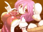  bandages basket blurry breasts bun_cover double_bun flower food ibaraki_kasen kuresento large_breasts looking_at_viewer open_mouth pink_eyes pink_hair puffy_sleeves rose shirt short_hair short_sleeves solo tabard touhou 