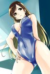  breasts brown_eyes brown_hair cleavage cleavage_cutout from_below front_zipper_swimsuit gustav_(telomere_na) hand_on_hip idolmaster idolmaster_cinderella_girls large_breasts long_hair looking_to_the_side meme_attire nitta_minami one-piece_swimsuit solo sweatdrop swimsuit unzipped 
