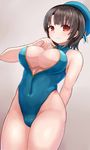  blush breasts cleavage front_zipper_swimsuit highres kantai_collection large_breasts meme_attire okitsugu one-piece_swimsuit solo swimsuit takao_(kantai_collection) 