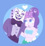  &lt;3 &lt;3_eyes 2018 animate_inanimate blue_eyes blush bow cala_maria cephalopod clothing cuphead_(game) duo facial_hair female humanoid king_dice kuqqiz lipstick makeup male marine merfolk mollusk mustache object_head octopus suit teeth tentacle_hair tentacles video_games 