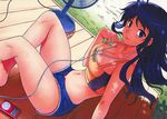  absurdres aflame_inferno ahoge apple_inc. bare_legs barefoot blue_eyes blue_hair breasts cleavage collarbone cutoffs denim denim_shorts digital_media_player dutch_angle earbuds earphones electric_fan highres ipod kim_kwang_hyun large_breasts light_smile long_hair midriff navel open_fly scan shin_chaehee short_shorts shorts sitting solo sports_bra strap_lift sweat third-party_source unzipped 