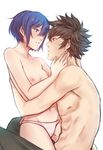  1girl abs after_kiss black_hair blue_eyes blue_hair blush breasts couple fire_emblem fire_emblem:_kakusei girl_on_top hetero hug lips lucina nipples panties ronku saliva saliva_trail shirtless short_hair small_breasts spiked_hair straddling topless tusia underwear underwear_only upright_straddle 