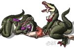  3_toes 4ofswords alligator anthro breasts clothing eyeshadow facesitting female group group_sex human interspecies lipstick makeup mammal nipples open_mouth plain_background reptile scalie sex size_difference swimsuit threesome toes tongue tongue_out underwear white_background yellow_eyes 