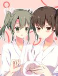  alternate_costume bad_id bad_pixiv_id blush_stickers brown_eyes brown_hair commentary green_eyes green_hair kaga_(kantai_collection) kantai_collection multiple_girls myuton short_sidetail short_twintails towel towel_bunny twintails zuikaku_(kantai_collection) 