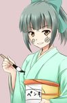  bangs bow brush fuuma_nagi hair_bow japanese_clothes kantai_collection kimono ponytail short_hair simple_background solo translated yuubari_(kantai_collection) 