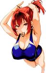  1girl adjusting_hair armpits arms_up barefoot breasts cleavage female foreshortening hairband highres large_breasts looking_at_viewer maken-ki! mouth_hold one-piece_swimsuit ponytail red_eyes red_hair rokujou_minori scan smile solo swimsuit takeda_hiromitsu tying_hair walking 