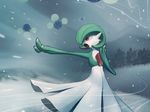  gardevoir green_hair hair_over_one_eye jumpluff no_humans open_mouth plant pokemon red_eyes short_hair solo wind 