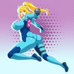  abstract_background action ass blonde_hair blue_eyes bodysuit breasts devil-v erect_nipples gun highres huge_breasts legs long_hair long_legs looking_back metroid ponytail samus_aran shouting skin_tight thigh_strap thighs weapon yelling zero_suit 