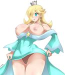  1girl areolae artist_name blonde_hair blue_eyes breasts breasts_outside bursting_breasts cameltoe covered_navel crown curvy dress dress_lift earrings erect_nipples female hair_over_one_eye huge_breasts jewelry lace-trimmed_panties large_breasts legs long_hair mario_(series) mound_of_venus nintendo nipples panties princess rosalina_(mario) rosetta_(mario) shiny shiny_hair shiny_skin simple_background solo super_mario_bros. super_mario_galaxy thick_thighs thigh_gap thighs underwear white_background wide_hips zetarok 