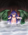  beckoning breasts dragon_(mamono_girl_lover) dragon_girl horns less monster_girl monster_girl_encyclopedia onsen purple_hair scales slit_pupils water wings yellow_eyes 