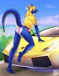  anthro arki arm_warmers beach blue_scales bow car clothing crossdressing dragon eyewear girly glasses lamborghini lizard male okami-y. paws reptile scalie seaside shirt solo 