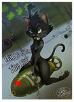  2015 black_fur bomb cat clover english_text explosives feline female fernando_faria friday_the_13th fur green_eyes mammal nose_art riding solo text 