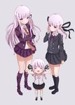  :d ^_^ age_comparison blush boots braid child closed_eyes crossed_arms danganronpa danganronpa_1 danganronpa_kirigiri ears expressionless full_body gloves grey_background hair_ribbon kerokero00frog kirigiri_kyouko knee_boots kneehighs lavender_hair long_hair looking_at_viewer multiple_girls multiple_persona necktie open_mouth outstretched_arms pleated_skirt purple_eyes ribbon simple_background skirt smile time_paradox very_long_hair younger 