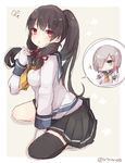  alternate_hairstyle asymmetrical_legwear black_hair black_legwear blue_eyes blush breasts gloves hair_ornament hair_over_one_eye hairclip hamakaze_(kantai_collection) image_sample isokaze_(kantai_collection) kantai_collection kneeling large_breasts long_hair multiple_girls pleated_skirt ponytail red_eyes riruno school_uniform short_hair silver_hair skirt smile twitter_sample twitter_username white_gloves 