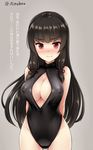  alternate_costume arms_behind_back black_hair black_swimsuit blush breasts cleavage cleavage_cutout covered_nipples cowboy_shot front_zipper_swimsuit grey_background hair_ribbon halterneck highleg highleg_swimsuit hime_cut hips isokaze_(kantai_collection) kantai_collection large_breasts light_smile long_hair looking_at_viewer meme_attire nose_blush one-piece_swimsuit red_eyes ribbon sidelocks simple_background smile solo standing swimsuit translation_request tress_ribbon turtleneck twitter_username uni8 unzipped very_long_hair wavy_mouth 