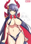  bangs black_hair blush breasts character_request criss-cross_halter curvy green_eyes halter_top halterneck horns large_breasts long_hair mel/a navel pauldrons revealing_clothes smile solo very_long_hair 