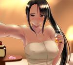  alcohol asymmetrical_bangs bangs black_hair blurry blush bottle breasts brown_eyes collarbone condom condom_wrapper covered_nipples depth_of_field drink frown glass holding ice ice_cube indoors kantai_collection kuurunaitsu lamp large_breasts long_hair looking_at_viewer nachi_(kantai_collection) naked_towel outstretched_arm reaching_out self_shot side_ponytail sidelocks solo table towel upper_body 