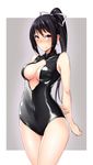  black_hair breasts front_zipper_swimsuit large_breasts meme_attire one-piece_swimsuit original ponytail red_eyes solo standing swimsuit tsugaru_(co-walker) 