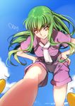  artist_name c.c. cloud code_geass cosplay creayus day green_hair gundam gundam_wing hands_on_hips long_hair parody relena_peacecraft relena_peacecraft_(cosplay) smile solo yellow_eyes 