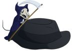  animal blue_eyes commentary death death_(entity) death_of_rats discworld grim_reaper hat hood no_humans rat rat_tail robe scythe skeleton skull tail terry_pratchett weapon 